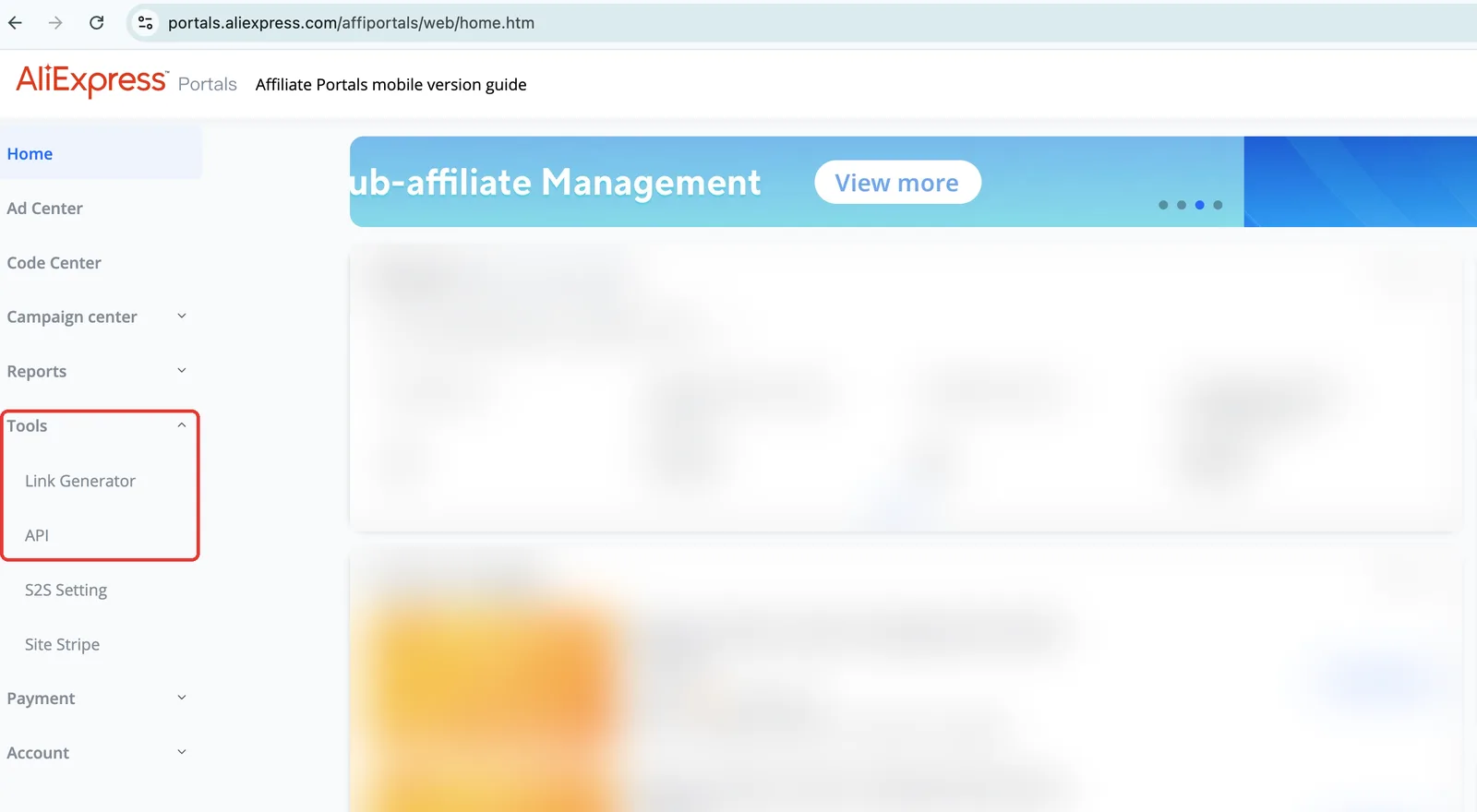 AliExpress Portals: menu Tools com a opção API