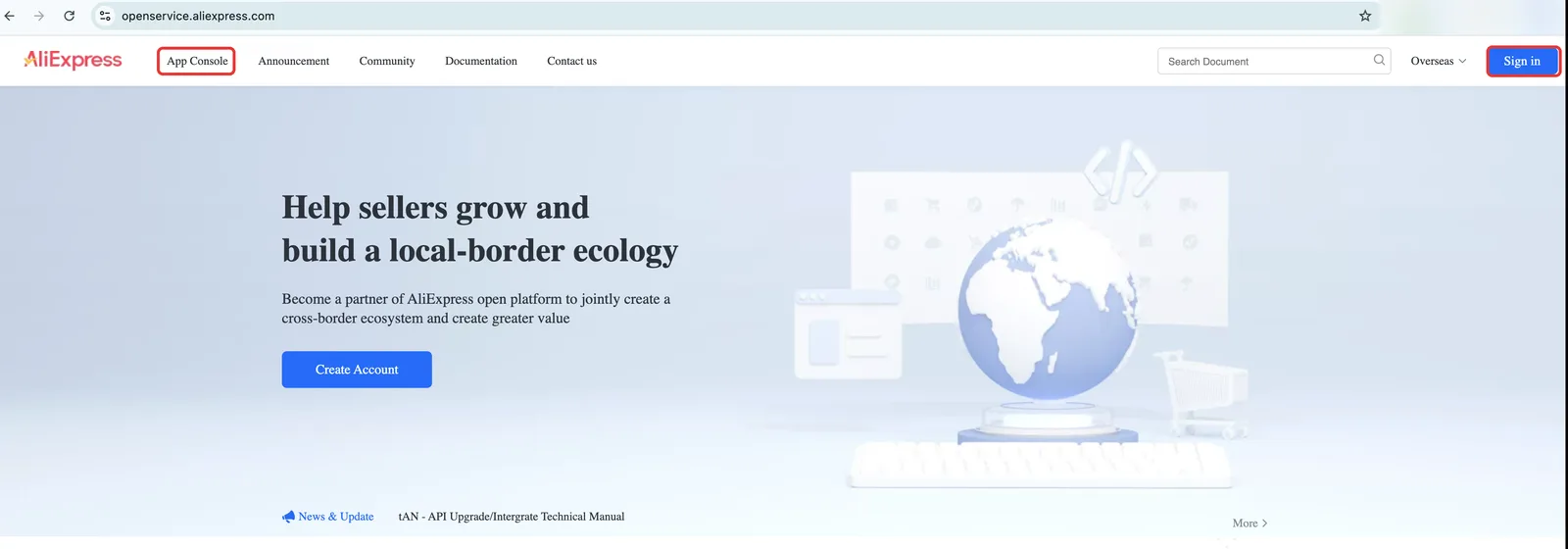 Página inicial da AliExpress Open Platform com App Console e Sign in