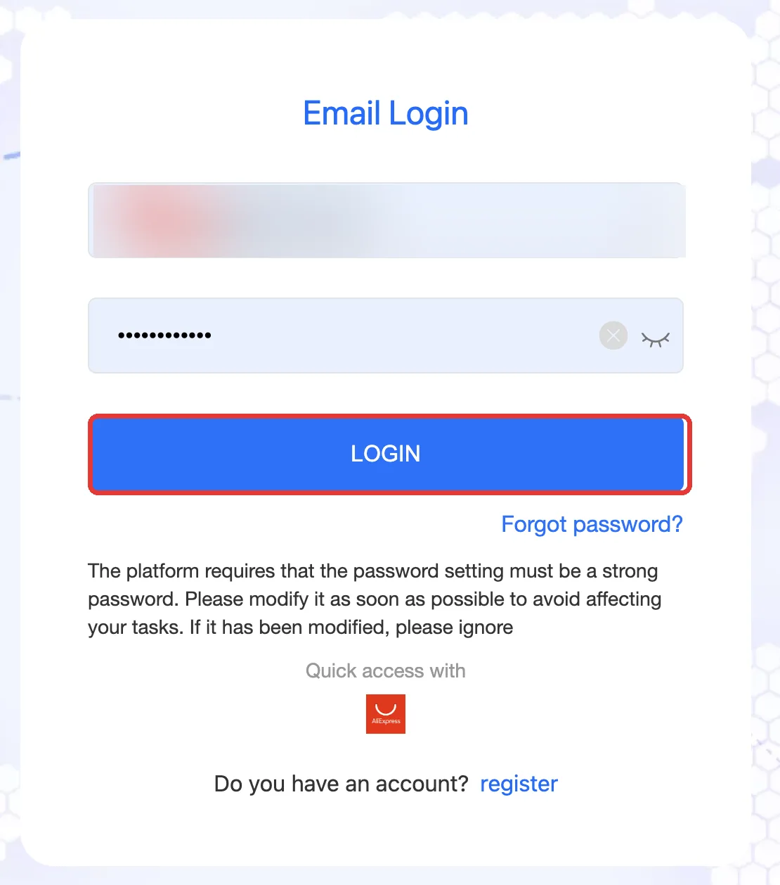 Tela Email Login da AliExpress Open Platform