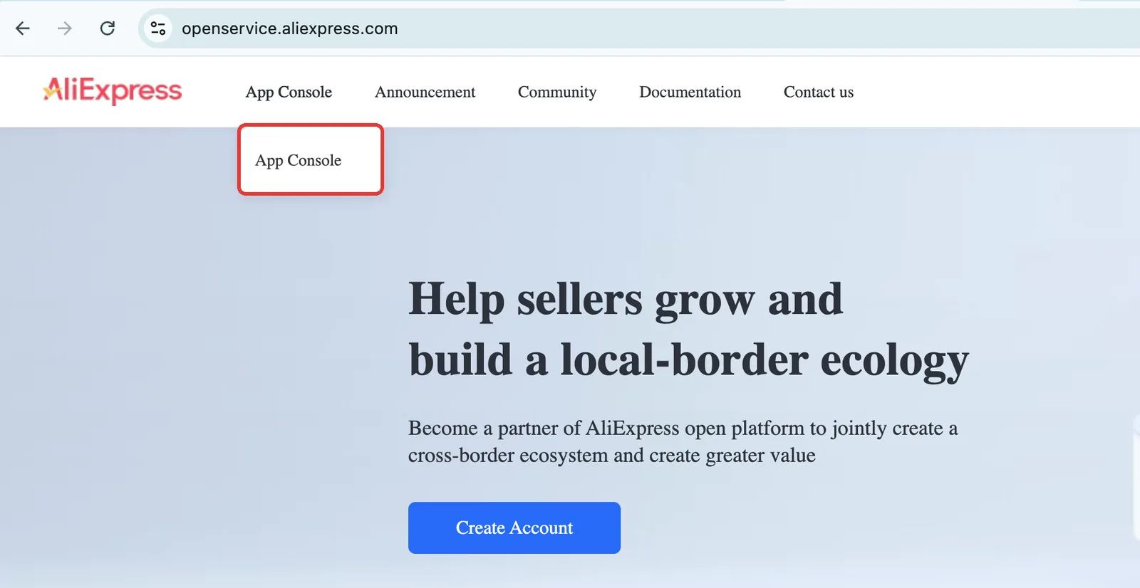 Menu App Console aberto na AliExpress Open Platform
