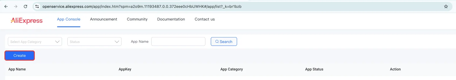 Lista de aplicativos do App Console com o botão Create